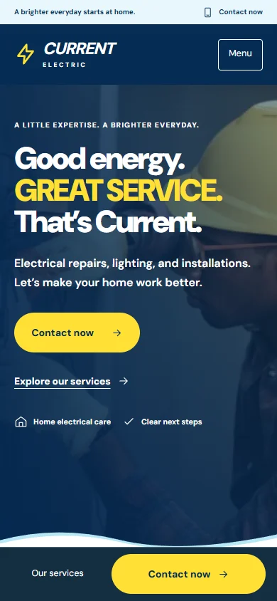 Mobile view of the Current Electric example homepage