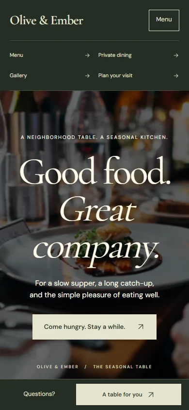 Mobile view of the Olive & Ember example homepage